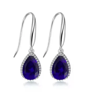 14k White Gold Plated 3 Ct Created Blue Sapphire Teardrop Earrings