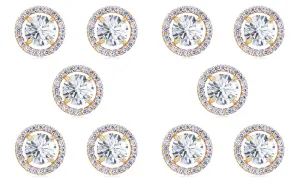 14k Yellow Gold Plated 6mm 3Ct Round White Sapphire Set Of Five Halo Stud Earrings
