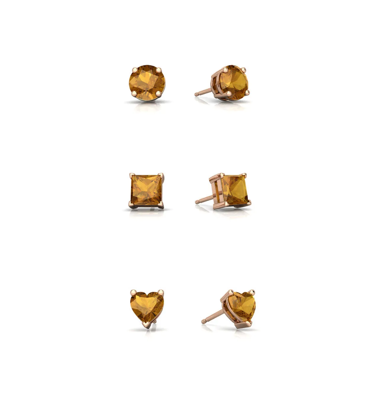 18k Rose Gold Plated 3Cttw 8mm Created Citrine 3 Pair Round, Square and Heart Stud Earrings