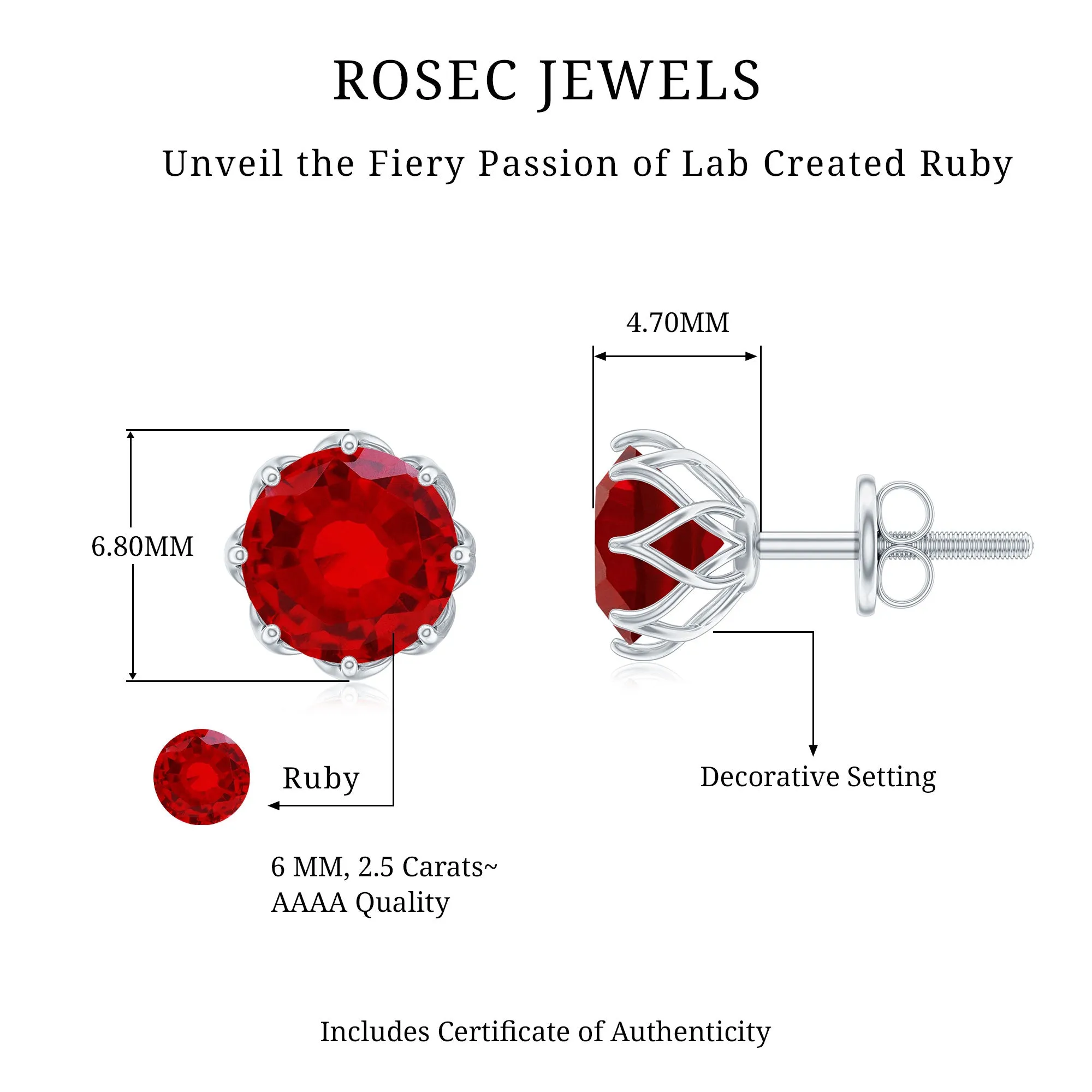 6 MM Decorative Created Ruby Solitaire Stud Earrings
