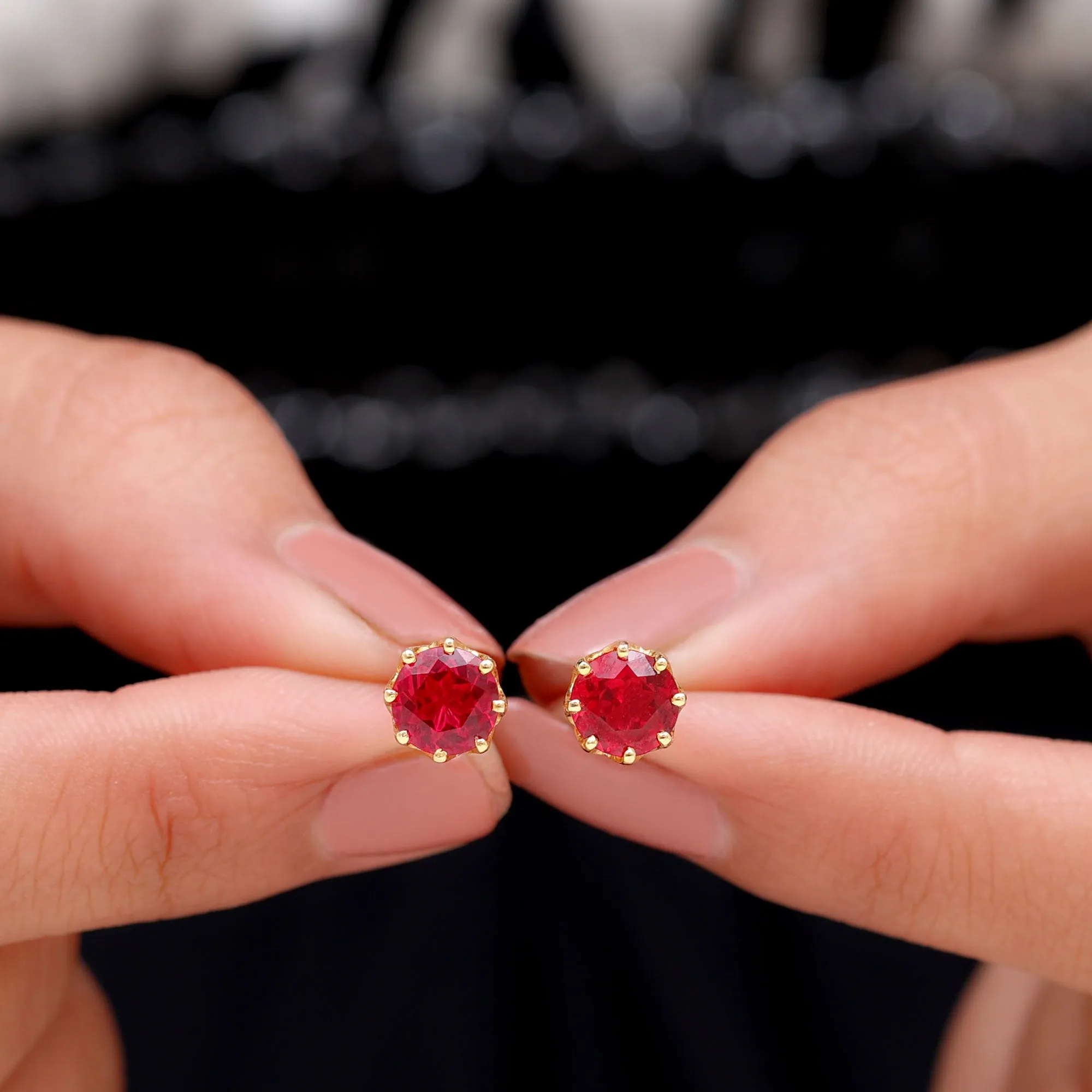 6 MM Decorative Created Ruby Solitaire Stud Earrings