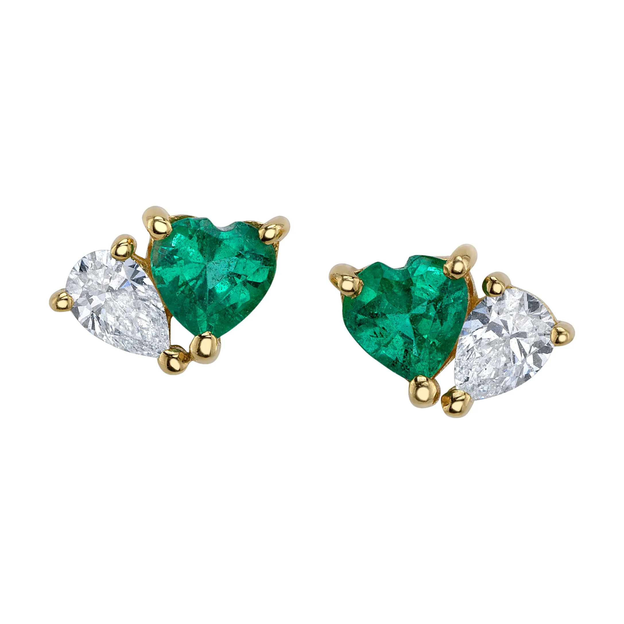 Diamond Teardrop Emerald Heart Studs, Pair