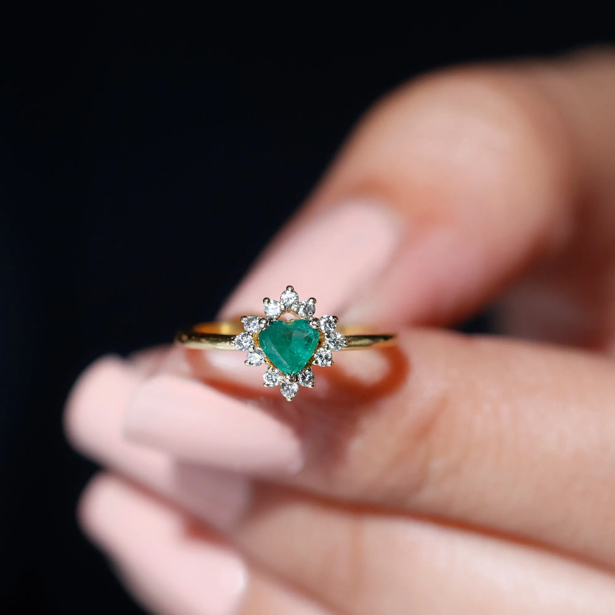 Heart Shape Emerald Promise Ring with Diamond Accent