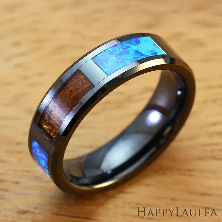 HI-TECH Black Ceramic Beveled Ring with Koa Wood and Opal Inlay - 6mm, Flat Shape, Comfort Fitment