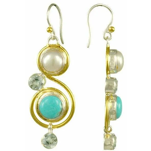 Michou Turquoise , Freshwater Pearl & BLue  Topaz Earrings- Eucalyptus Collection